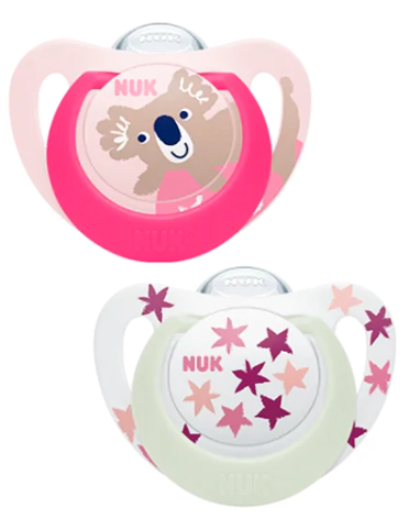 NUK Chupetas de Silicona Star Day & Night, 18-36 Meses, 2 Unidades, Rosa